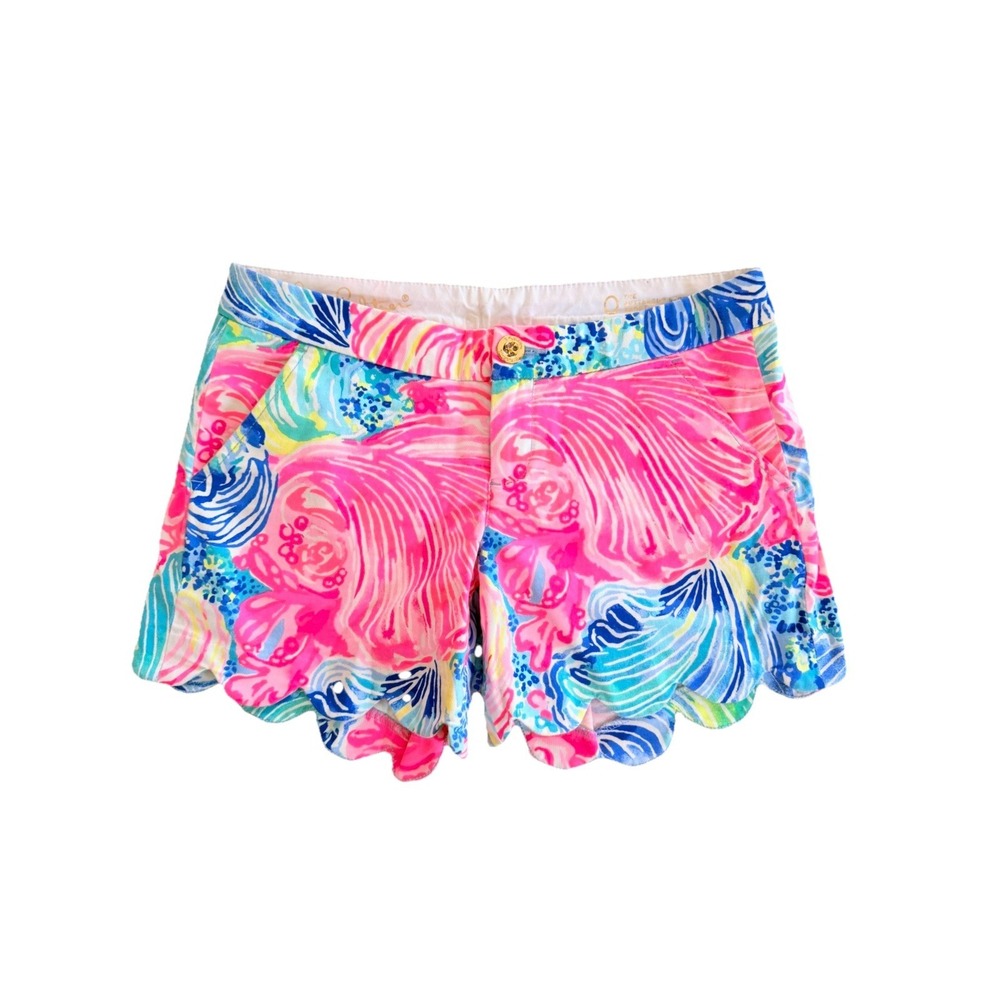 Lilly Pulitzer buttercup stretch short Scalloped Hem Pink Blue Shells sz 0